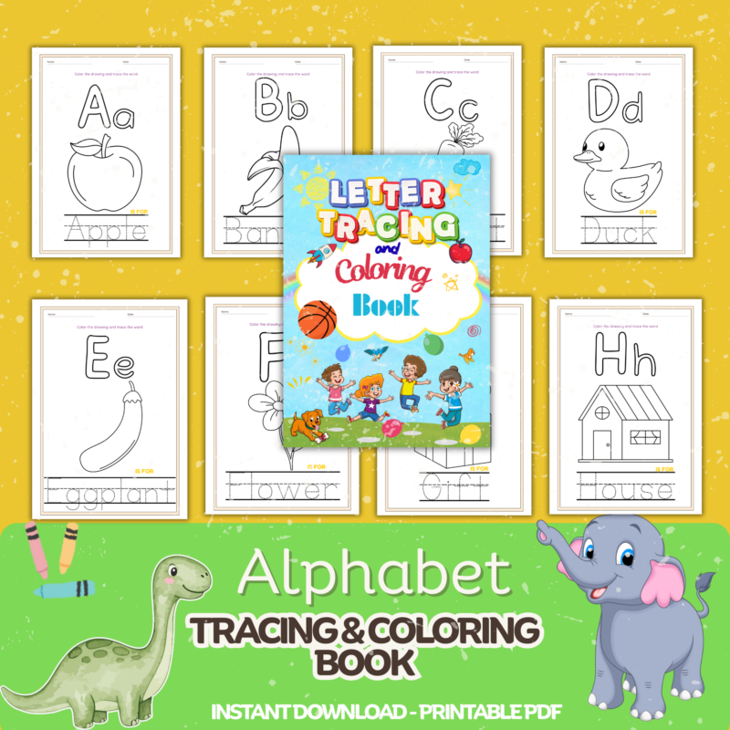 Printable alphabet tracing and coloring book for kids with 30 pages of letter practice and cute illustrations