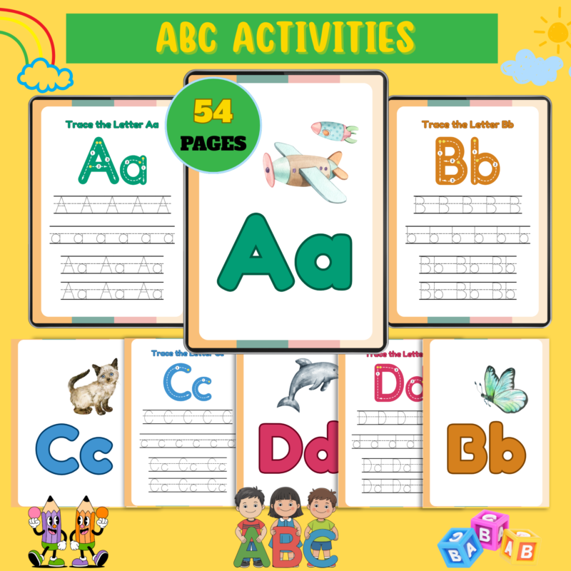 Colorful ABC activities workbook for kids featuring 54 printable alphabet tracing and learning pages