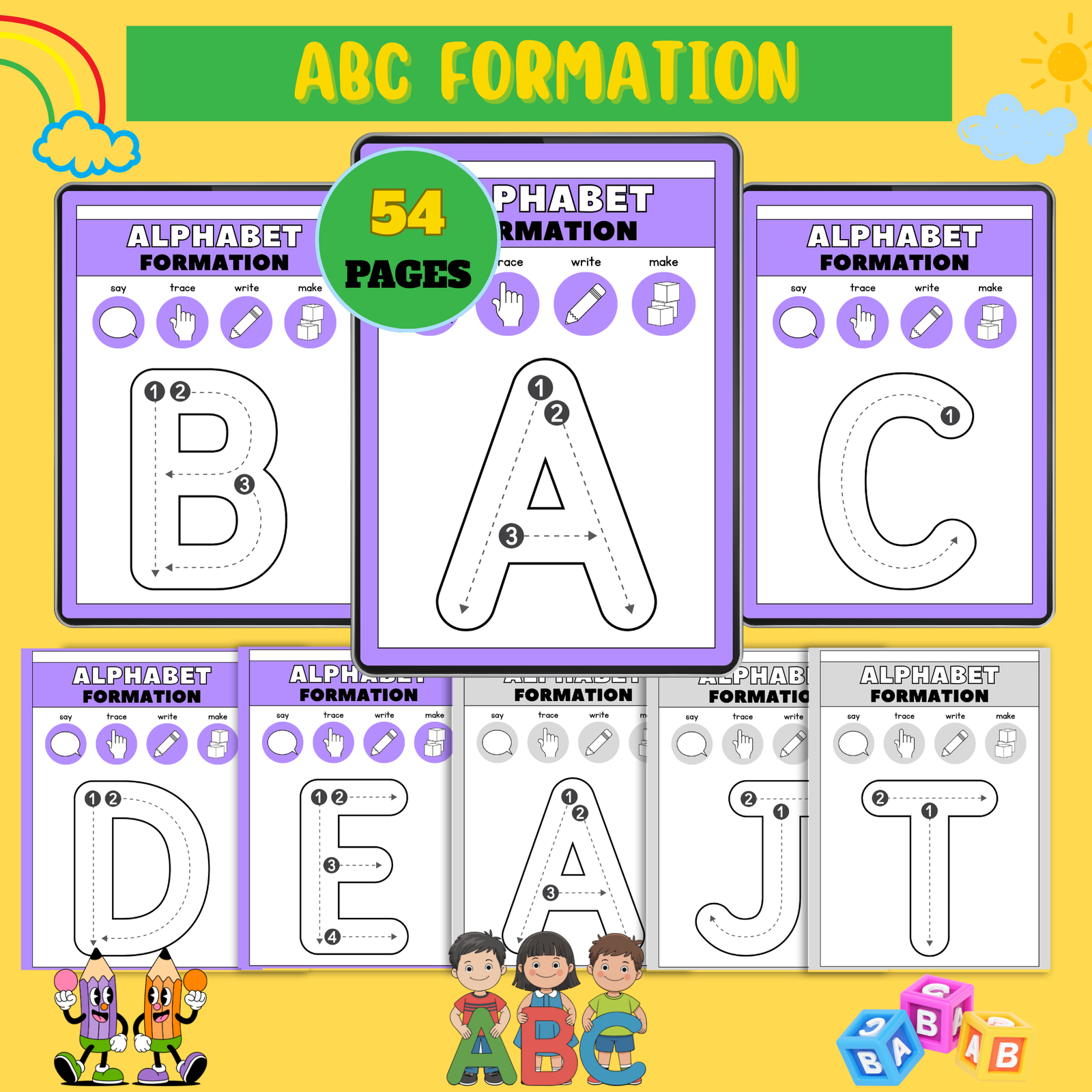 Abc-formation-worksheet Alphabet formation tracing workbook for kids – 54 printable pages with uppercase letter practice black and white and colored