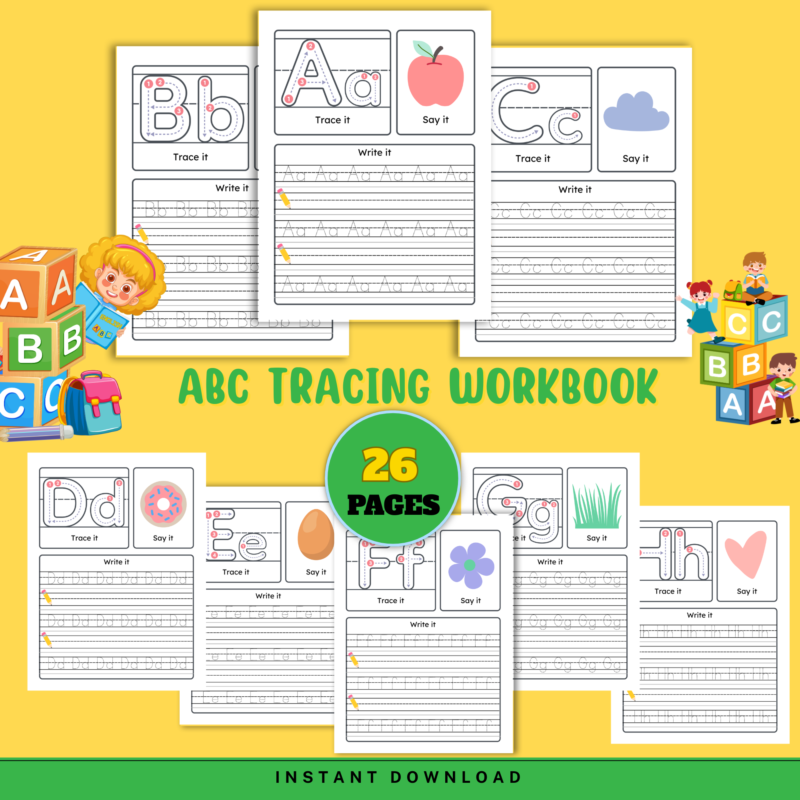 ABC tracing worksheets for preschool with trace, say, and write sections for every letter from A to Z