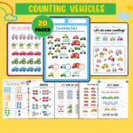 Printable counting vehicles worksheets for kids with colorful cars, trucks, and transportation activities