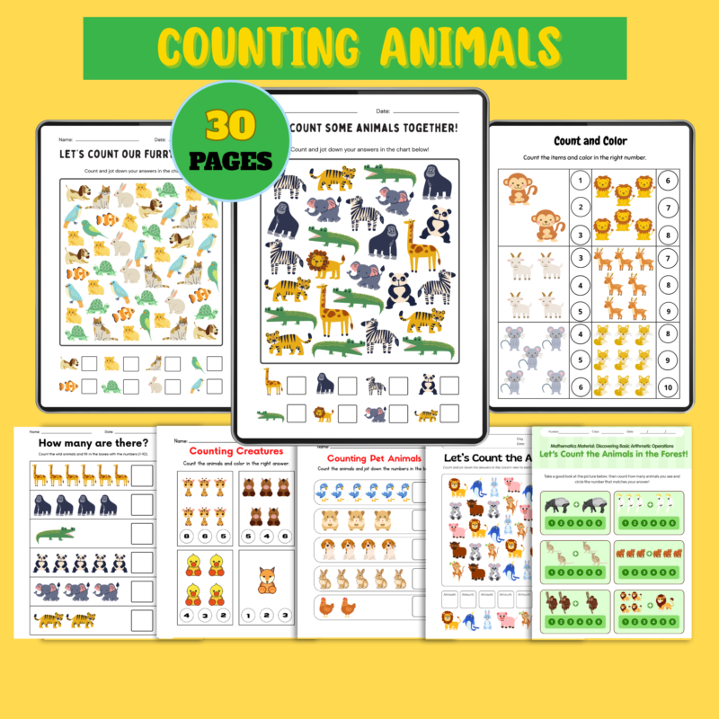 Printable counting animals worksheets for kids featuring zoo and pet animals in fun math activities