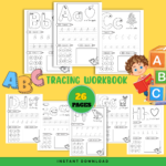 Alphabet tracing workbook for kids with 26 printable pages featuring letter tracing, coloring, and handwriting practice from A to Z