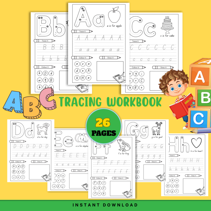 Alphabet tracing workbook for kids with 26 printable pages featuring letter tracing, coloring, and handwriting practice from A to Z