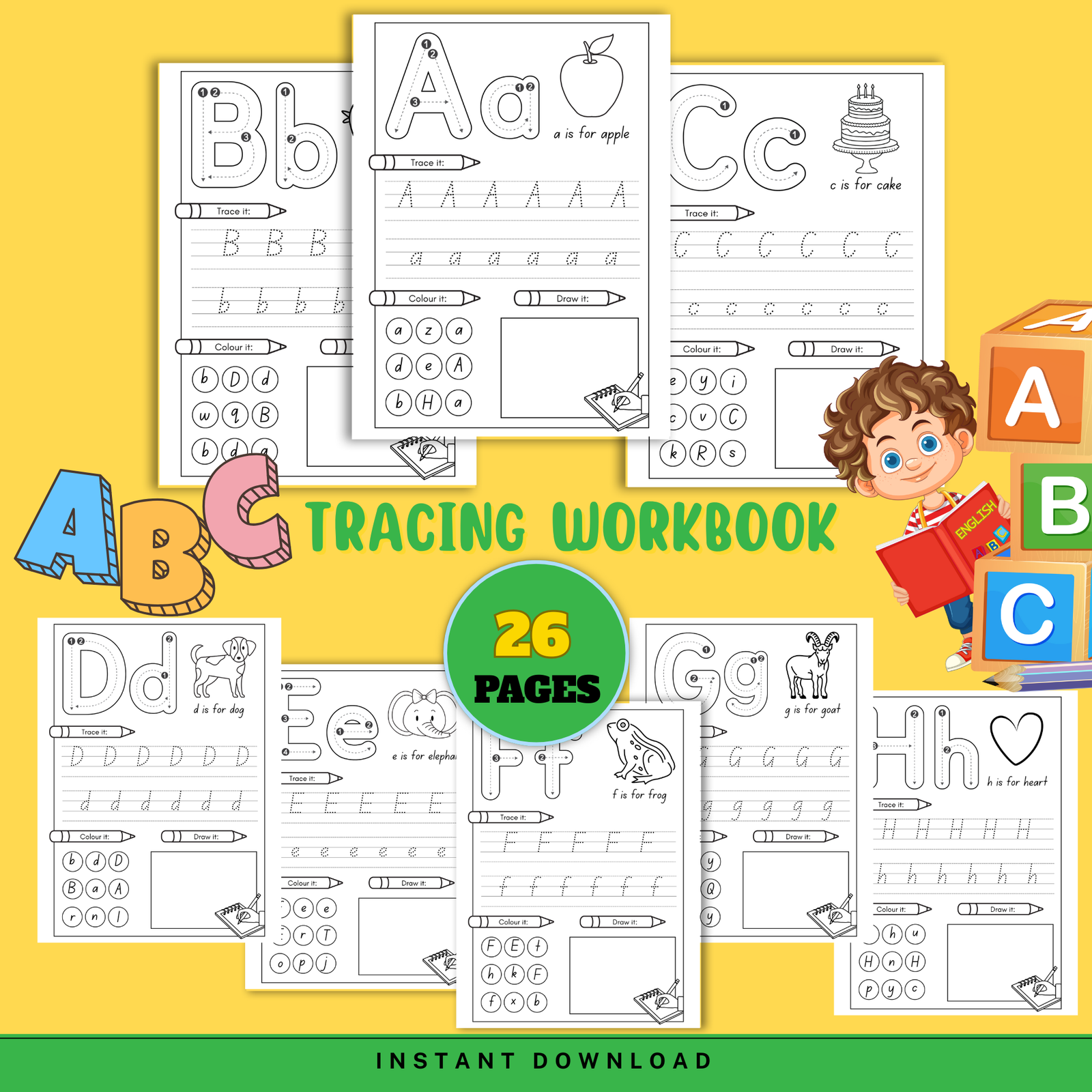 abc-tracing-workbook-26-pages-2 Alphabet tracing workbook for kids with 26 printable pages featuring letter tracing, coloring, and handwriting practice from A to Z