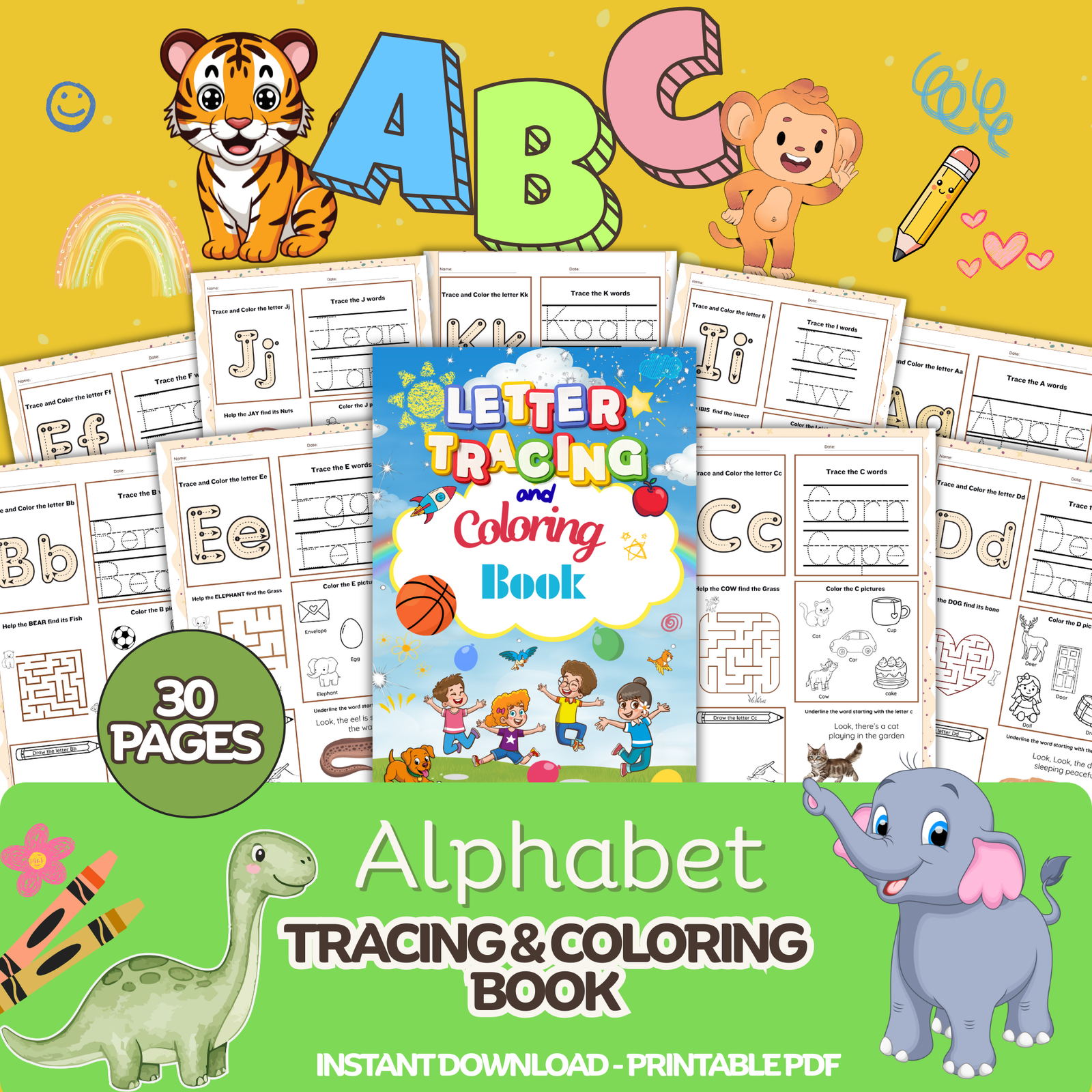 alphabet-and-coloring-worksheet Alphabet Tracing and Coloring Book for Kids – 30 Pages of Fun Learning! - Image 1