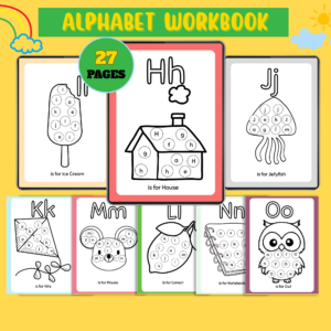 Alphabet Learning Workbook – 27 printable pages with fun letter recognition and coloring activities for kids