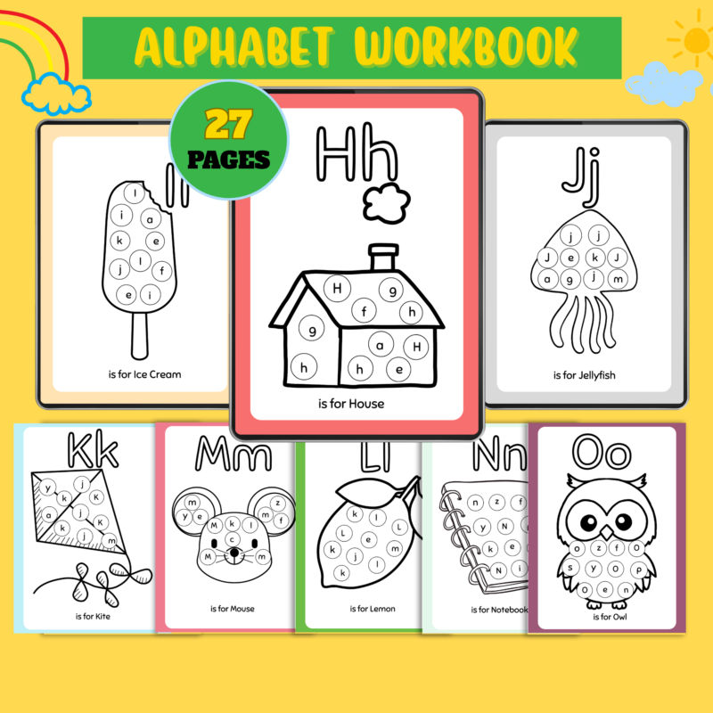 Alphabet Learning Workbook – 27 printable pages with fun letter recognition and coloring activities for kids