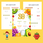 Printable fruit-themed counting worksheets for preschoolers with numbers 1 to 20 and colorful illustrations like apples, grapes, and avocados.