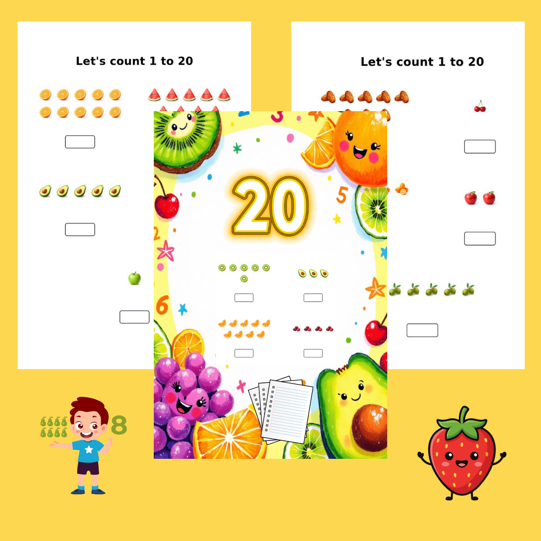counting-worksheets-1-to-201 Printable fruit-themed counting worksheets for preschoolers with numbers 1 to 20 and colorful illustrations like apples, grapes, and avocados.
