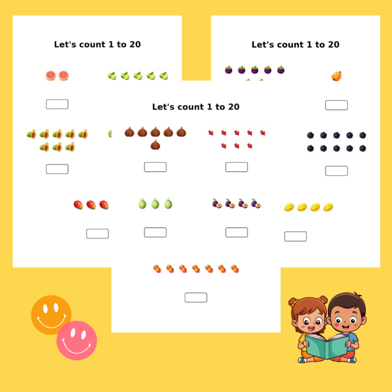 Printable fruit-themed counting worksheets for preschoolers with numbers 1 to 20 and colorful illustrations like apples, grapes, and avocados.