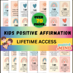 Printable kids positive affirmation cards set – 70+ pages with colorful motivational statements for building confidence and self-esteem.