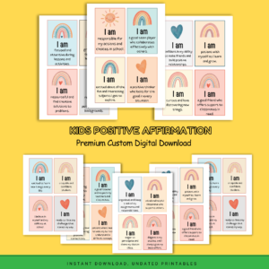 Printable kids positive affirmation cards set – 70+ pages with colorful motivational statements for building confidence and self-esteem.