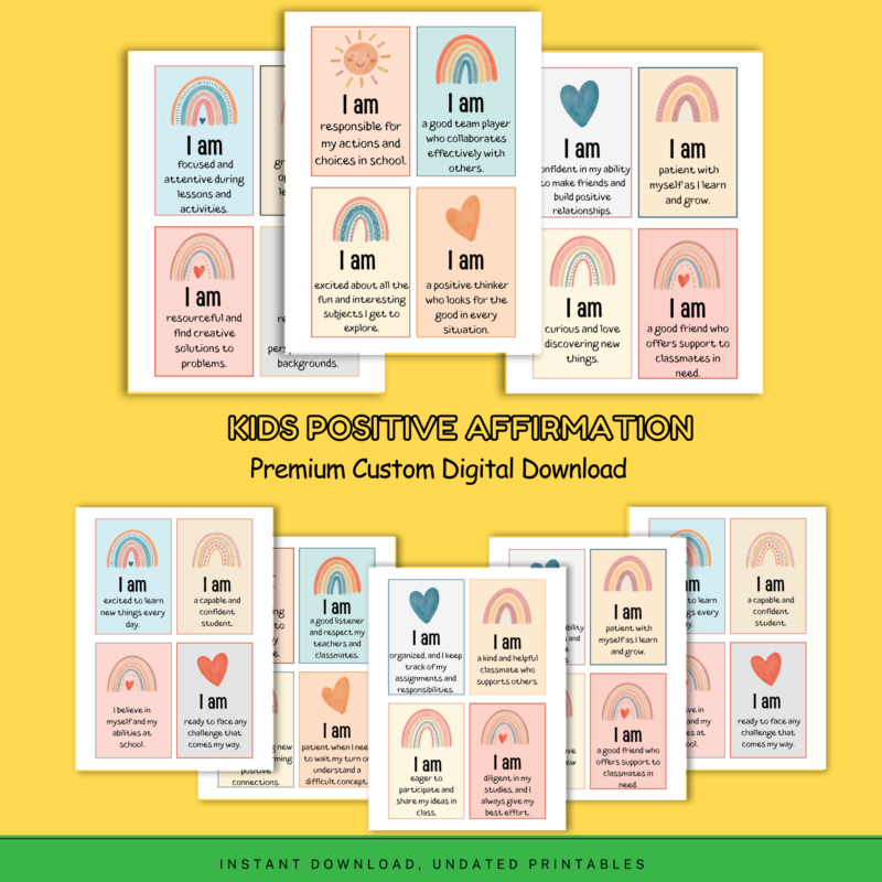 Printable kids positive affirmation cards set – 70+ pages with colorful motivational statements for building confidence and self-esteem.