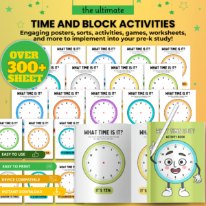 Printable learning time worksheets for kids with over 300 engaging pages for teaching how to tell time.