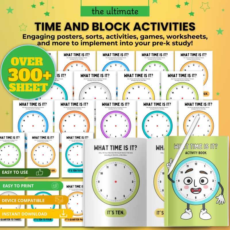 Printable learning time worksheets for kids with over 300 engaging pages for teaching how to tell time.