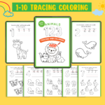 Number tracing and coloring worksheets 1 to 10 with animal illustrations for preschoolers — giraffe, whale, lion, penguin, rabbit, and more.