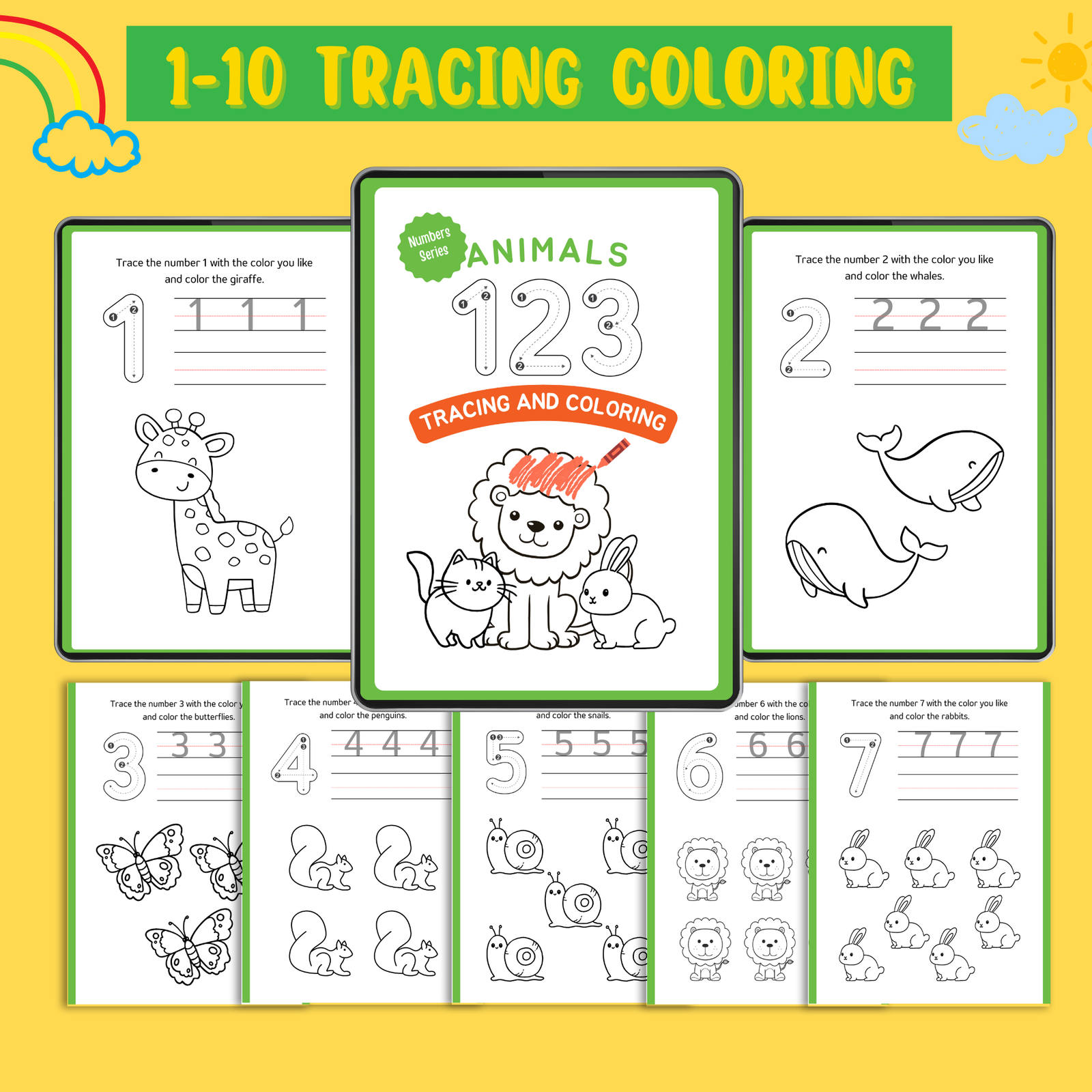 number-tracing-and-coloring-1-to-10 Number tracing and coloring worksheets 1 to 10 with animal illustrations for preschoolers — giraffe, whale, lion, penguin, rabbit, and more.