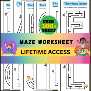 Printable maze worksheets for kids with over 100 activity pages featuring fun educational designs.