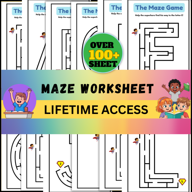 Printable maze worksheets for kids with over 100 activity pages featuring fun educational designs.