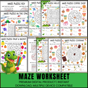 Printable maze worksheets for kids with over 100 activity pages featuring fun educational designs.