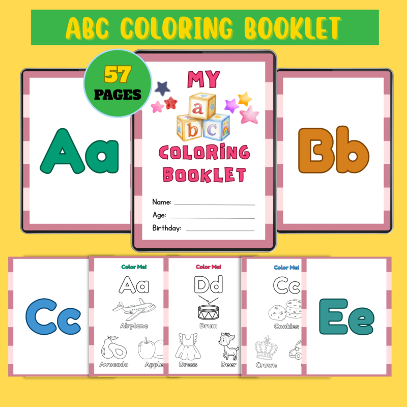 ABC Tracing and Coloring Booklet printable pages featuring alphabet letters with tracing and coloring activities for kids.