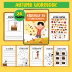 Kindergarten autumn workbook cover with fall-themed activities including counting, sentence writing, and coloring pages for kids.