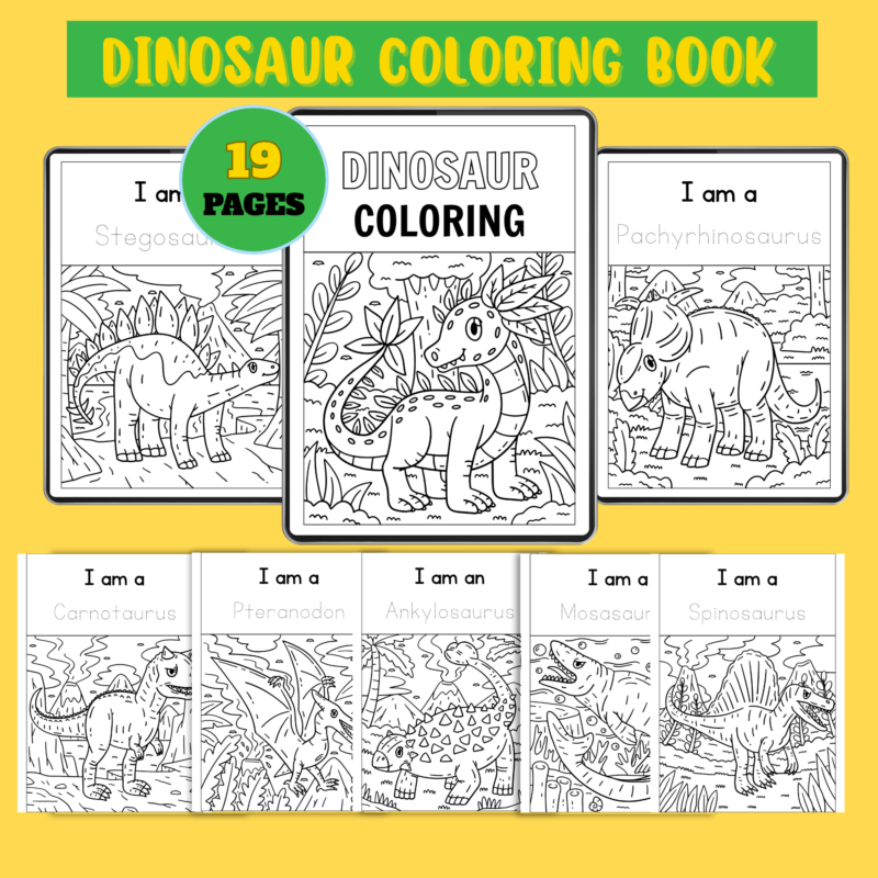 Printable dinosaur coloring book pages for kids featuring various dinosaurs to color and learn.