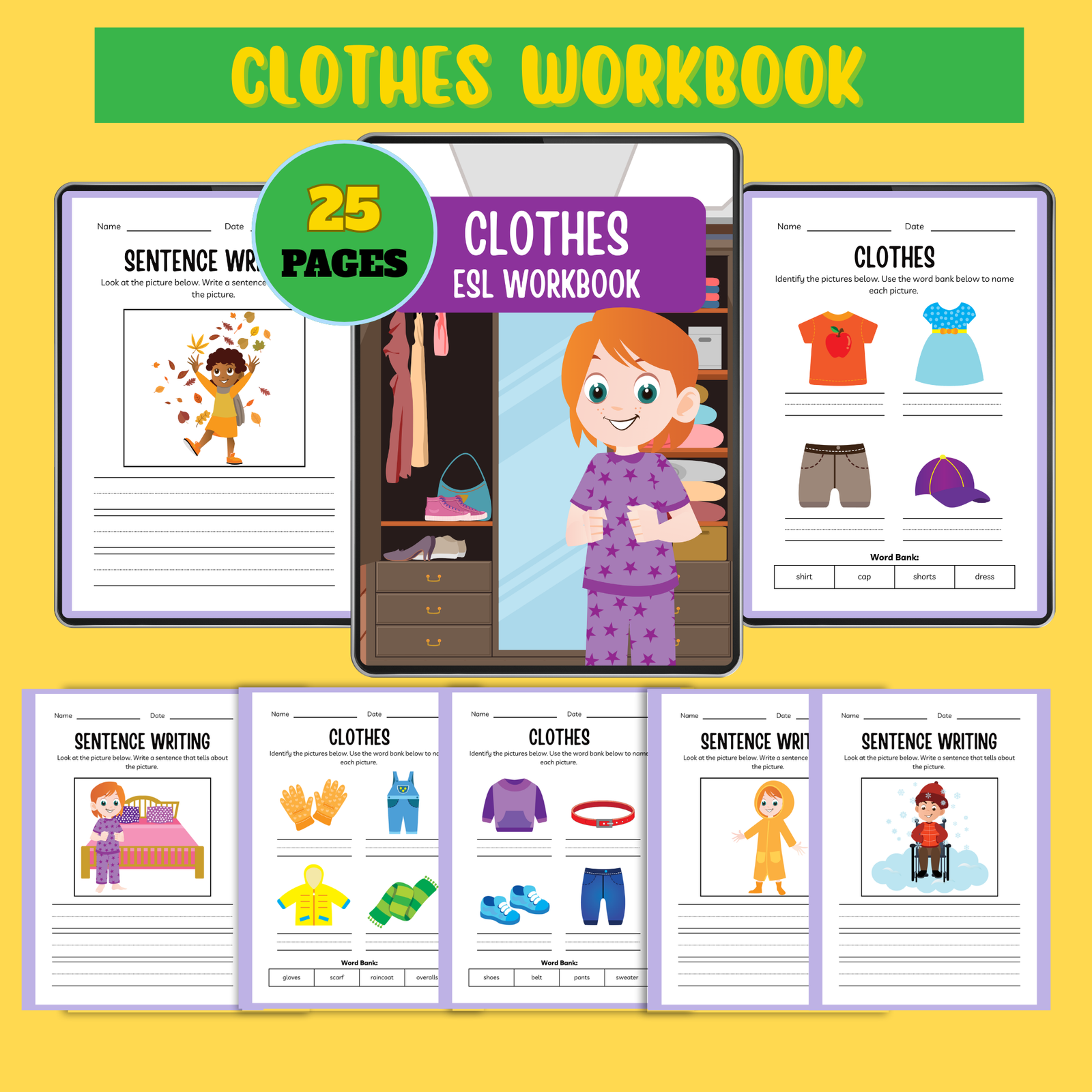 Identify clothes workbook Clothes ESL Workbook – 25 Pages Printable Vocabulary & Writing Activities 👕📘 - Image 1