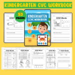 Kindergarten CCVC workbook printable pages with phonics blend activities, tracing, writing, and early reading worksheets for kids.