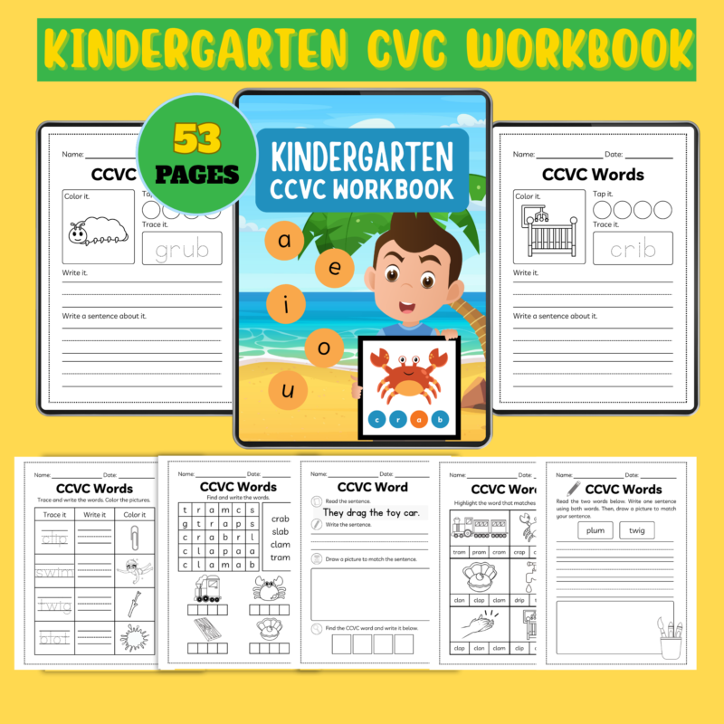 Kindergarten CCVC workbook printable pages with phonics blend activities, tracing, writing, and early reading worksheets for kids.