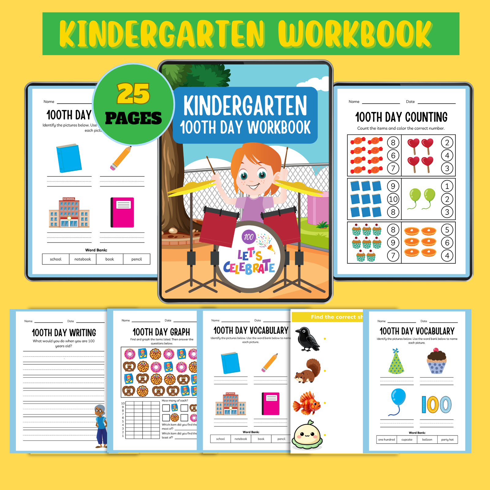 Fun Cleaver Fox - Printable Worksheets PDF 57 Kindergarten 100th day workbook printable with counting activities, writing pages, and fun learning worksheets for kids