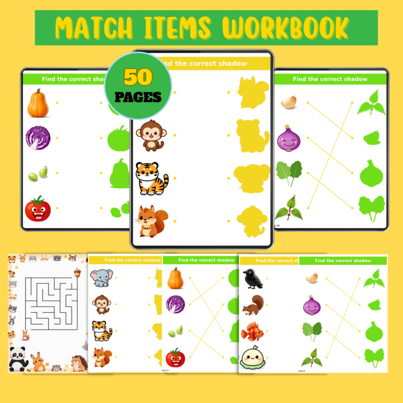 Match items workbook for kids with 50 pages of fun shadow matching, object matching, and visual learning activities for preschool and kindergarten children