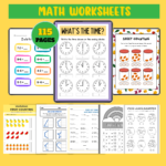 Printable math worksheets bundle with 115 pages including time telling, counting, addition, and subtraction activities for kids.