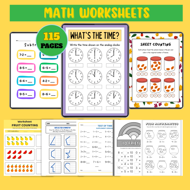 Printable math worksheets bundle with 115 pages including time telling, counting, addition, and subtraction activities for kids.