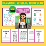 Personal Hygiene Workbook for kids with 26 printable activities including hygiene vocabulary, counting, coloring, and daily routine exercises
