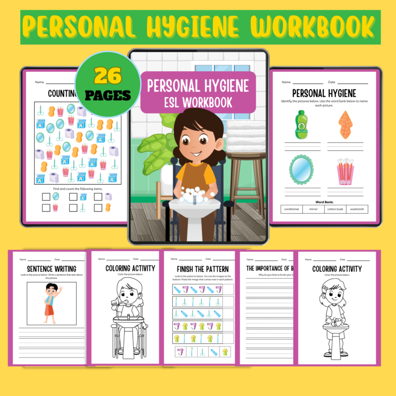 Personal Hygiene Workbook for kids with 26 printable activities including hygiene vocabulary, counting, coloring, and daily routine exercises