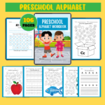 Preschool alphabet workbook printable with 106 pages of letter tracing, recognition, and early writing activities for kids.