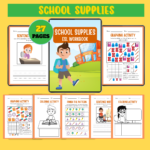 School supplies ESL workbook printable with 27 pages of vocabulary, writing, graphing, and fun activities for kids.