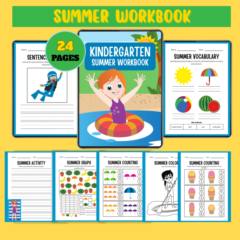 Kindergarten summer workbook printable with 24 pages of vocabulary, counting, writing, and fun seasonal learning activities for kids.