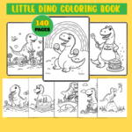 Printable 140-page dinosaur coloring book for kids with cute dinosaur illustrations and fun coloring activities.