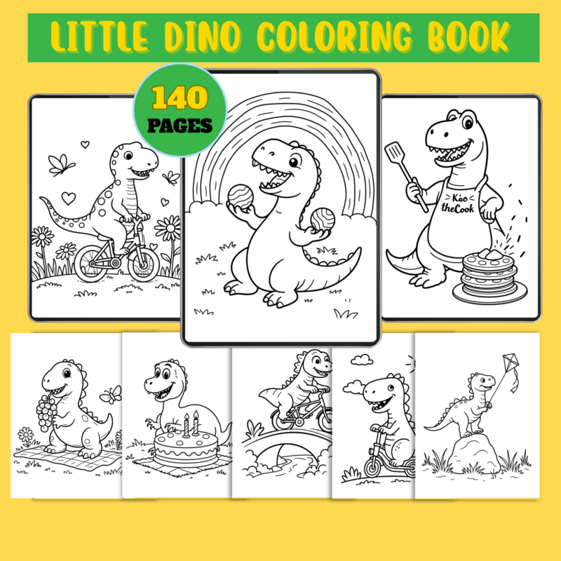 Printable 140-page dinosaur coloring book for kids with cute dinosaur illustrations and fun coloring activities.
