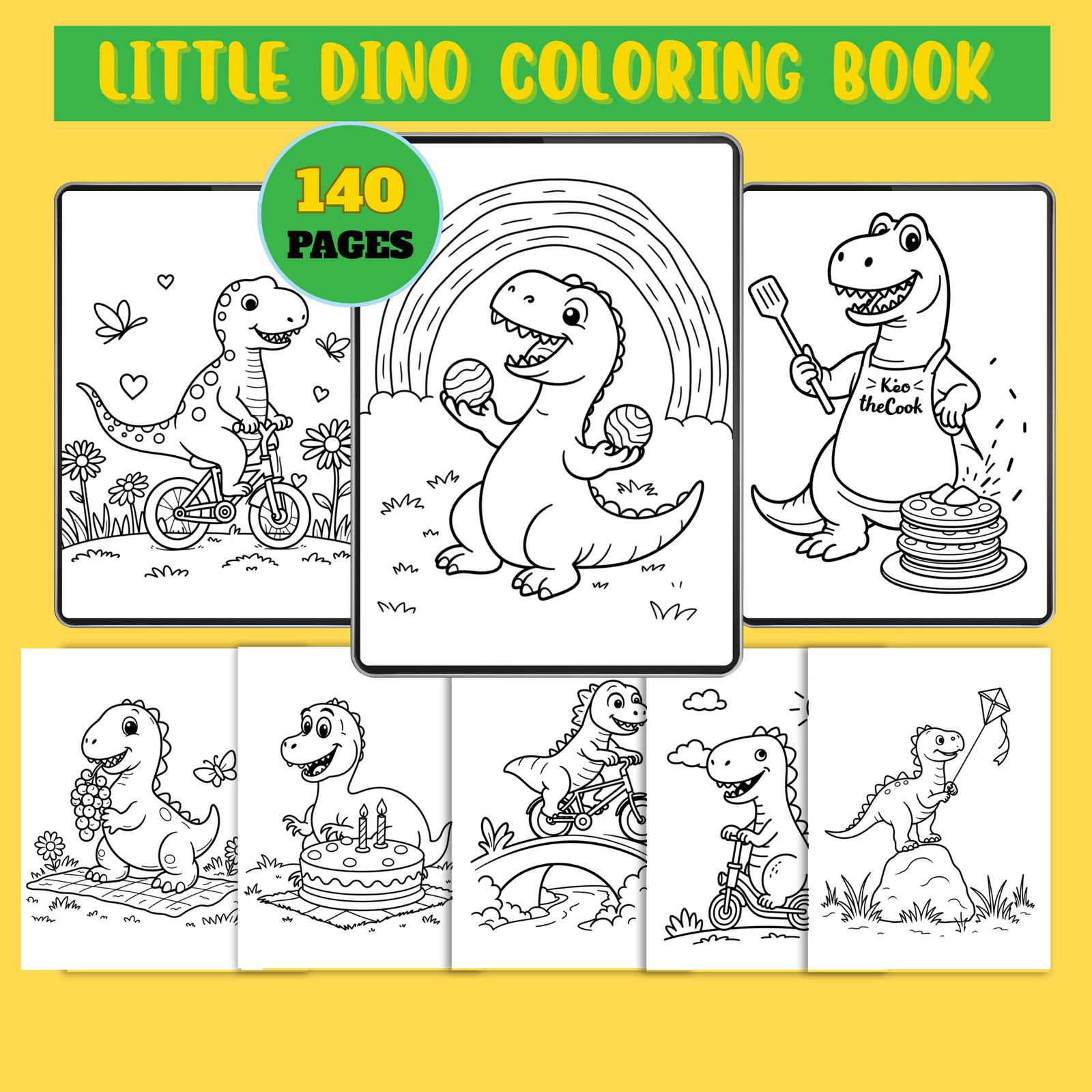Printable 140-page dinosaur coloring book for kids with cute dinosaur illustrations and fun coloring activities.