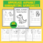 Printable uppercase alphabet handwriting worksheets with animal-themed tracing pages for preschool and kindergarten kids