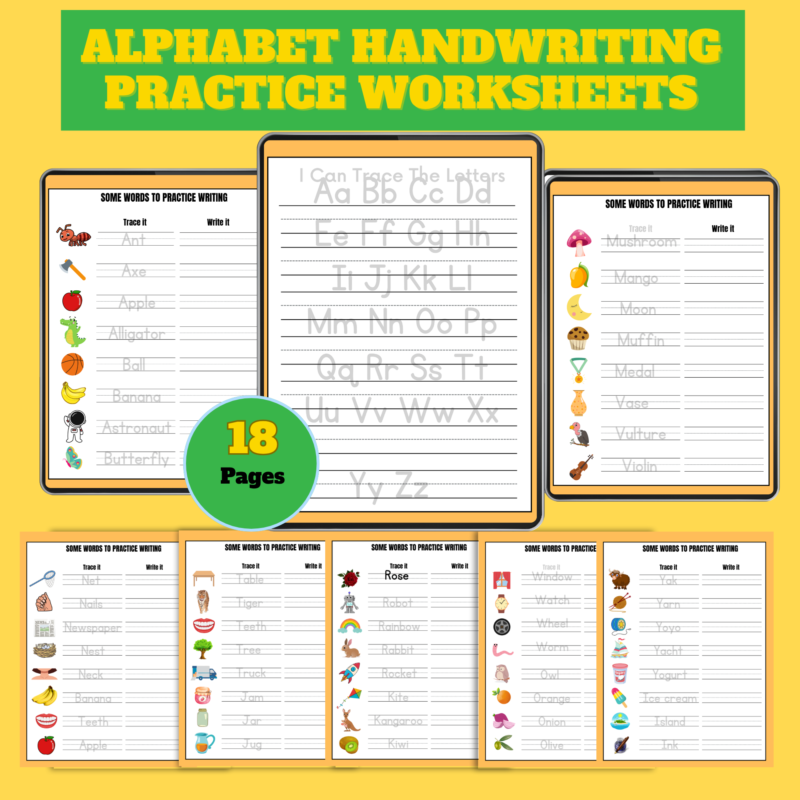 Alphabet Handwriting Practice Worksheets – 18 Printable PDF Pages