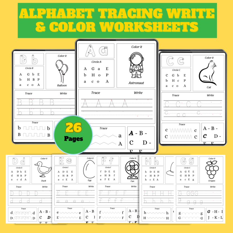 Alphabet Tracing Write & Color Worksheets – 26 Printable PDF Pages