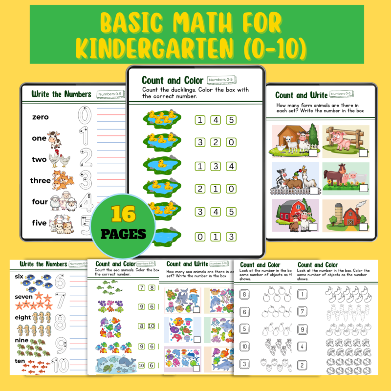 Basic Math for Kindergarten (0–10) – 16 Pages Printable PDF