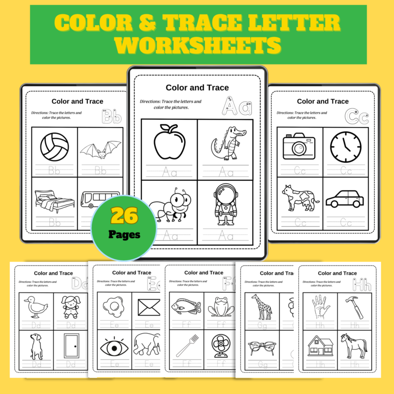 Color & Trace Letter Worksheets – 26 Printable Pages PDF