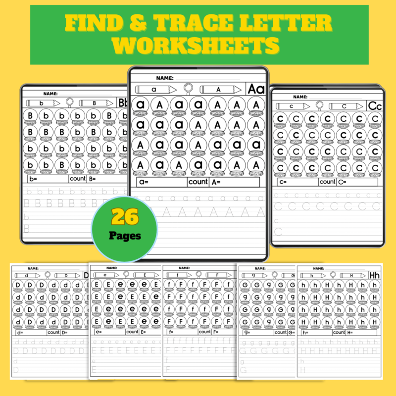 Find & Trace Letter Worksheets – 26 Printable PDF Pages