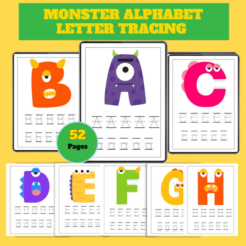 Monster Alphabet Letter Tracing Worksheets – 52 Printable PDF Pages